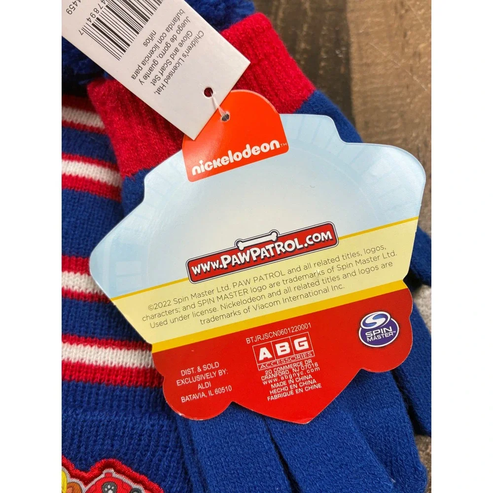 Paw Patrol Boys Blue Red Stripe Beanie Scarf Gloves Set Pawsome Nickelodeon NWT
